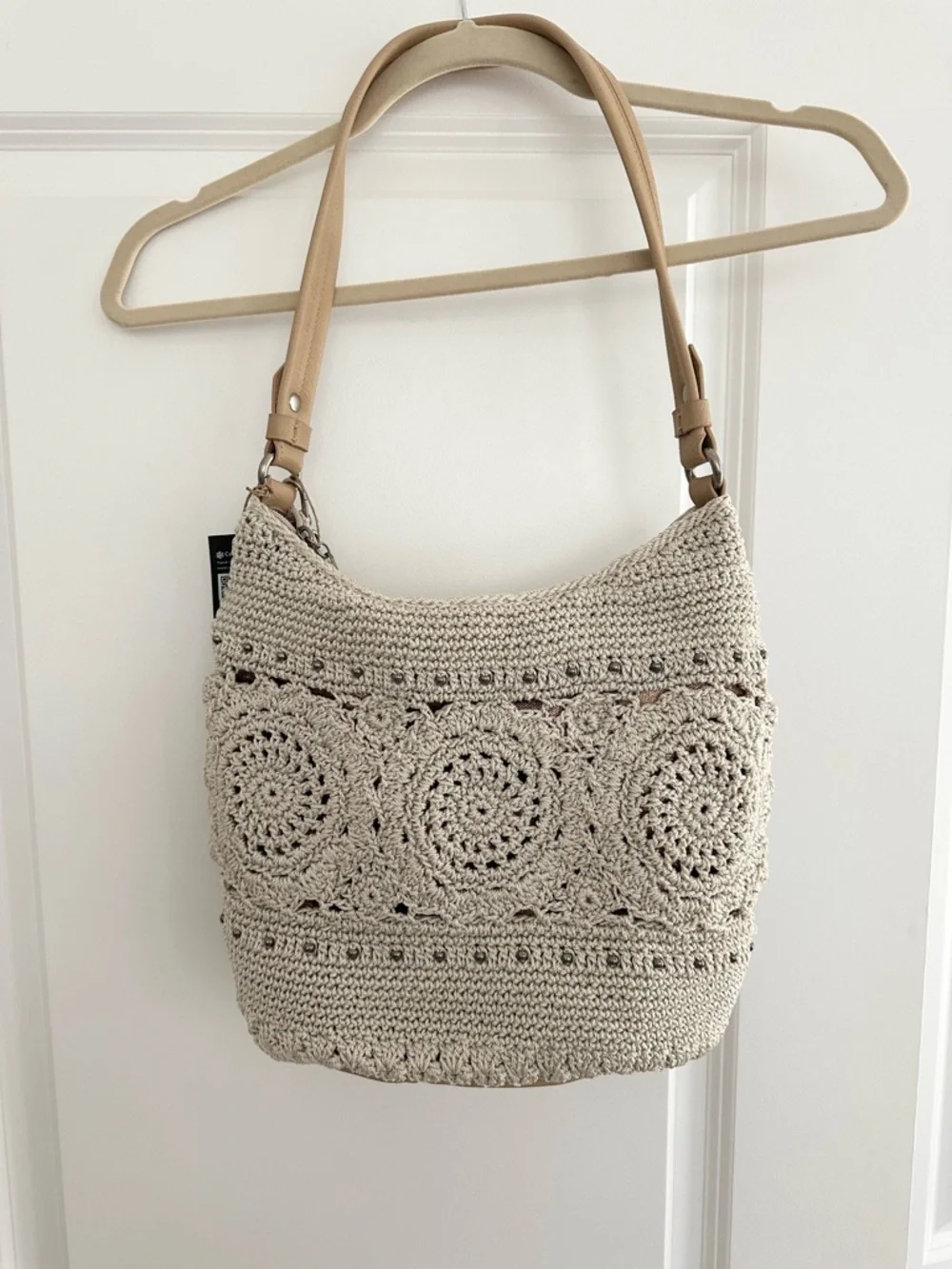 The Sak Sequoia Cream & Tan Crochet Leather Hobo Shoulder Bag with Bag Charm - Picture 11 of 17